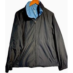 Eddie Bauer Lined Windbreaker‎ Jacket Mens Size M Black Hideaway Hood Full Zip